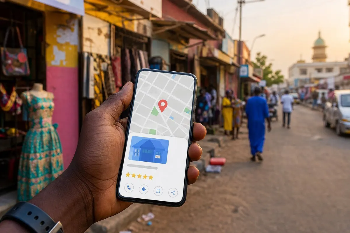 Téléphone affichant une fiche d'établissement locale avec carte, devant une boutique sénégalaise