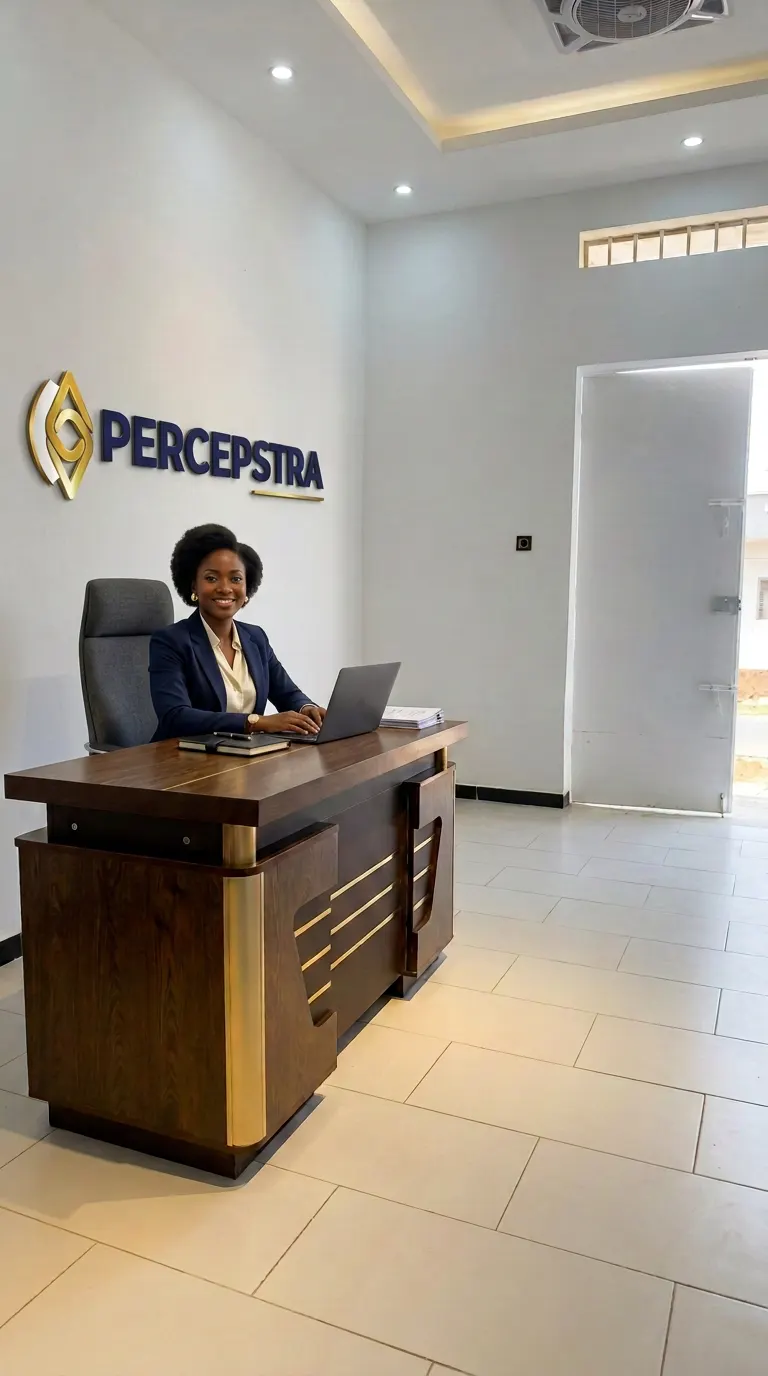 Bureau d'accueil PERCEPSTRA à Thiès : la responsable souriante derrière le comptoir en bois et or, logo PERCEPSTRA au mur
