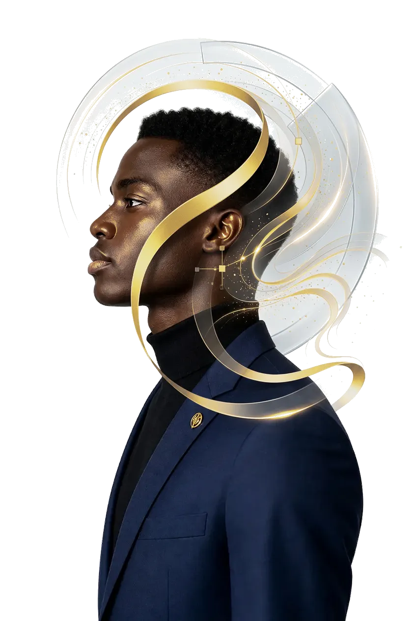 Jeune homme africain au teint noir de profil, buste en veste bleu nuit et col roulé noir, ondes dorées d'intelligence autour de la tête, adossé au ruban vertical or